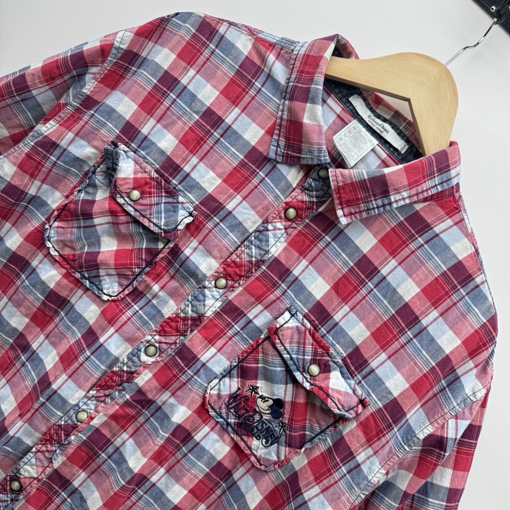 Disney Parks Walt Disney World Plaid Pearl Snap Shirt XL Pink Embroidered Mickey